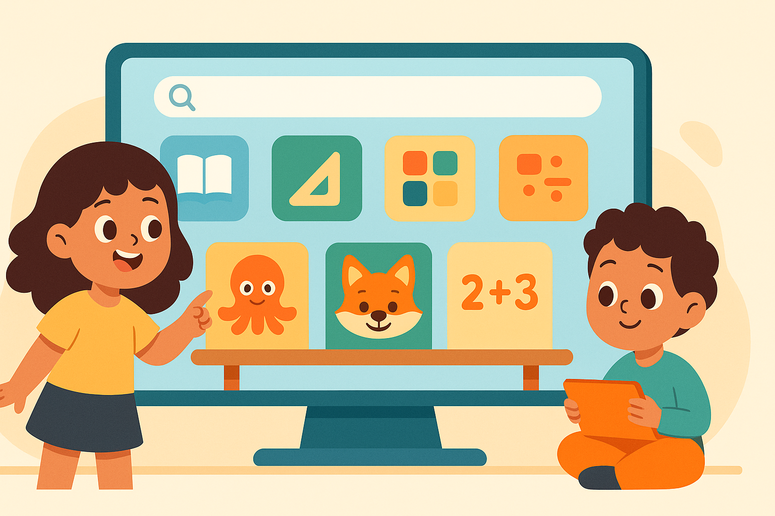 Ilustración de niños usando la biblioteca de contenidos